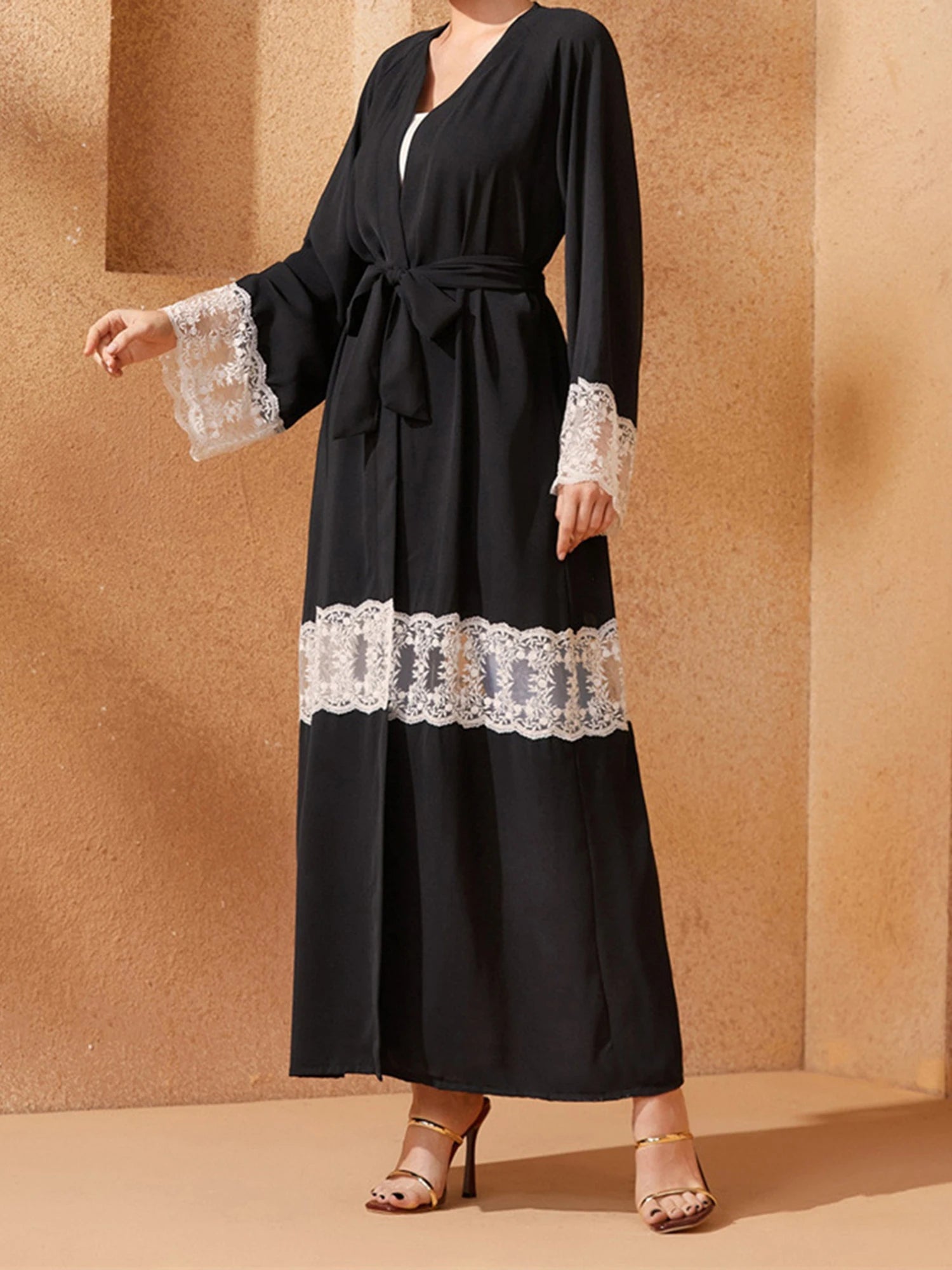 Elegant Floral Embroidered Abaya with Belt and V-Neck Design Long Sleeves Islamic Prayer Dress for Women Stylish Arabic Robe