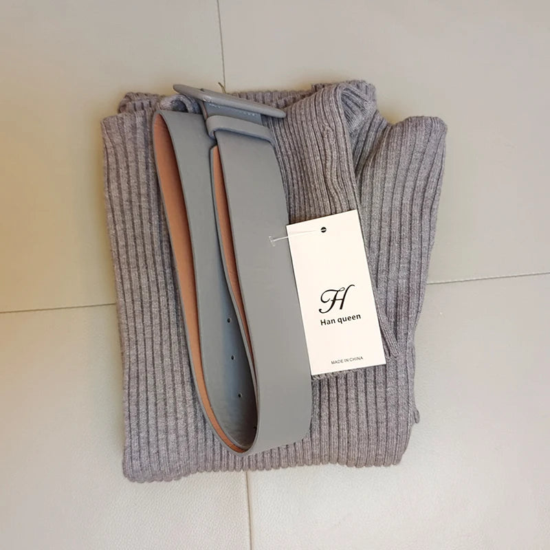 H Han Queen Knitted Bodycon Dress Bottoming Women Soft Elastic Turtleneck Sweater Autumn Winter Midi Party Dresses With Belt