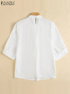 ZANZEA Fashion Stand Collar Blouse Woman 3/4 Sleeve Solid Color Tunic Tops Female Casual Loose Shirt Elegant Party Blusas Mujer