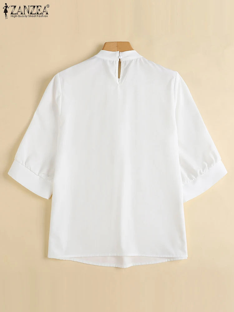 ZANZEA Fashion Stand Collar Blouse Woman 3/4 Sleeve Solid Color Tunic Tops Female Casual Loose Shirt Elegant Party Blusas Mujer