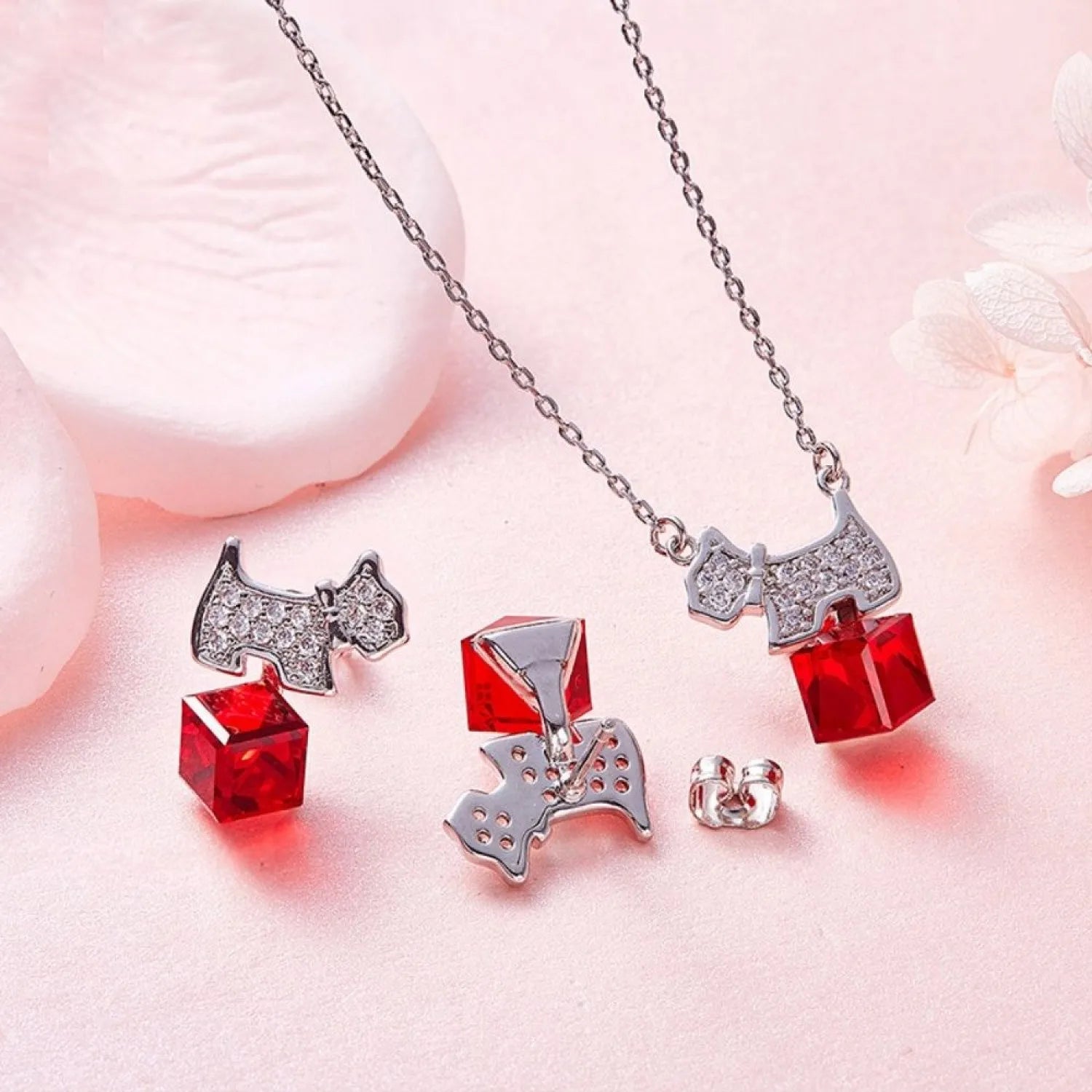 Cute Dog Woman Jewellery Set with Red Austrian Crystals Puppy Pendant Necklace Stud Earrings for Women Animal Accessories Gifts