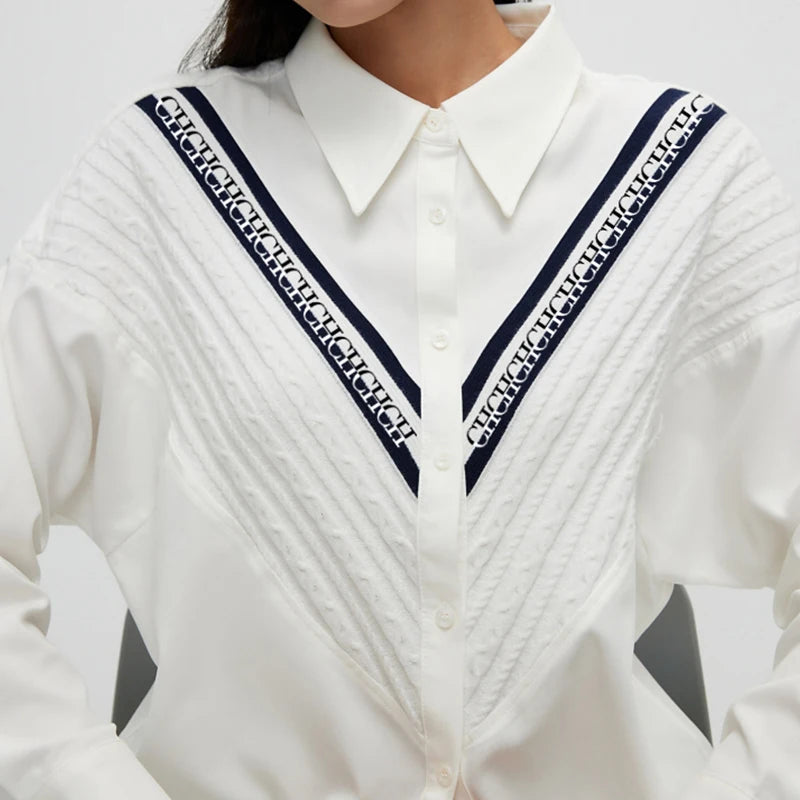 CHCH Women's Blouse Knitted Patchwork Striped Blouse Casual Fashion Office Lady Tops Clothing Streetwear Single-Breasted Shirts