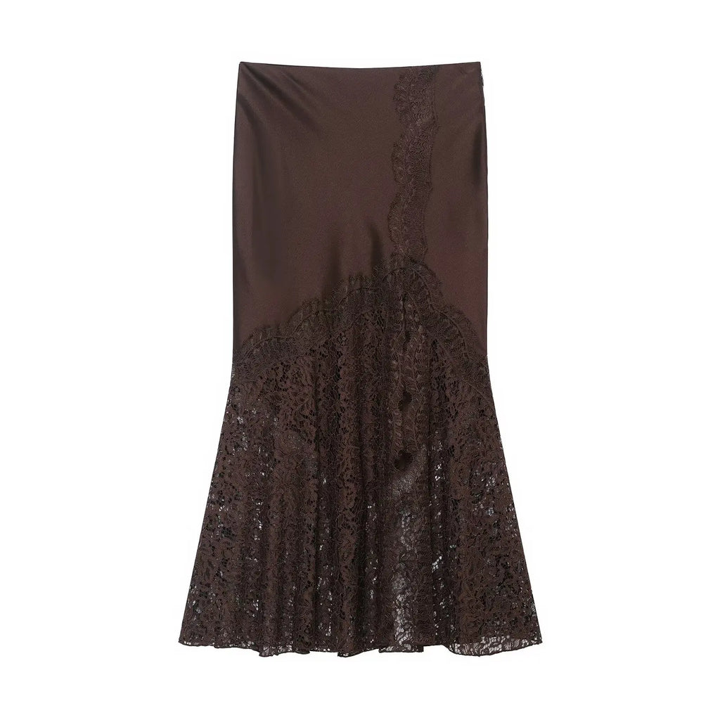 BSAY Lace Satin Elegant long Skirt Women Fashion Autumn Winter New brown Side Zip Chic Female High Waist Midi Skirts Mujer