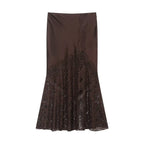 BSAY Lace Satin Elegant long Skirt Women Fashion Autumn Winter New brown Side Zip Chic Female High Waist Midi Skirts Mujer