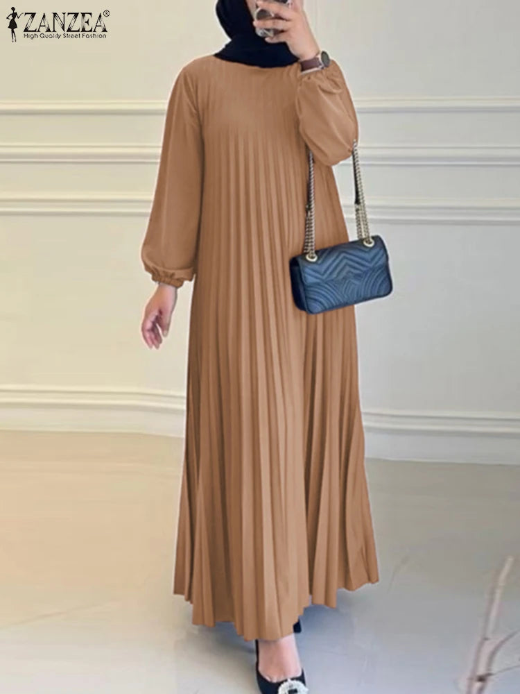 2025 ZANZEA Autumn Elegant Dresses Women O Neck Long Sleeve Sundress Muslim Dubai Abaya Robe Femme Solid Pleated Maxi Vestidos
