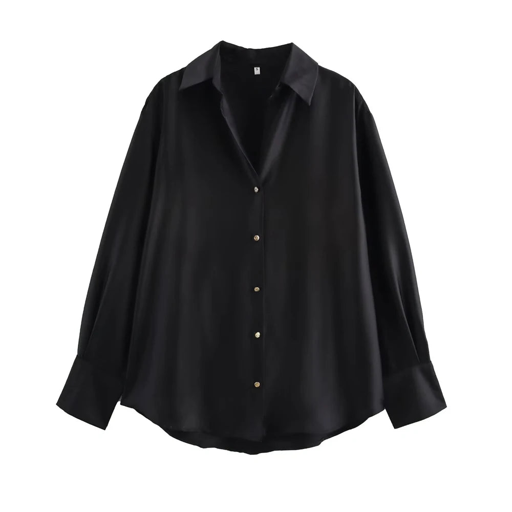 Women's Chic Lapel Collar Blouse Long Sleeve Button-Up Fashion Flowing Top Elegant Female Shirt Office
