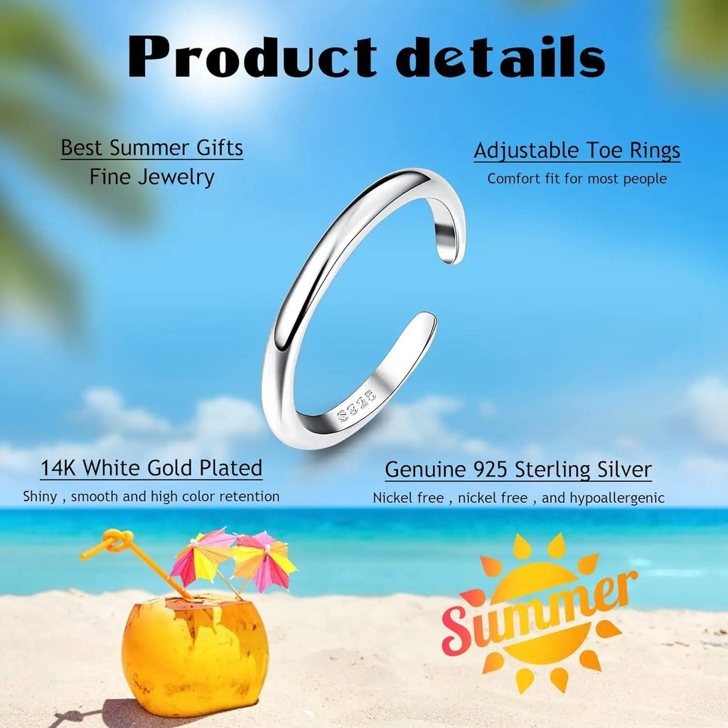 Fansilver S925 Sterling Silver Toe Rings for Women Adjustable White Gold Plated Flower Summer Beach Open Toe Rings Foot Jewelry