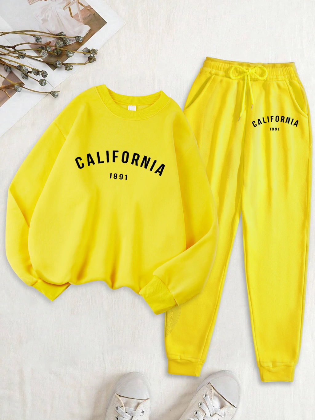 Califirnia Letter 1991 Print Women Soft Sweatshirt Set Street O-Neck Tracksuit Autumn All-Match Clothes Casual Fleece Sweatpant