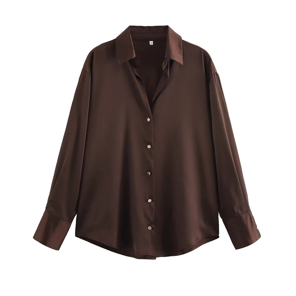 Women's Chic Lapel Collar Blouse Long Sleeve Button-Up Fashion Flowing Top Elegant Female Shirt Office