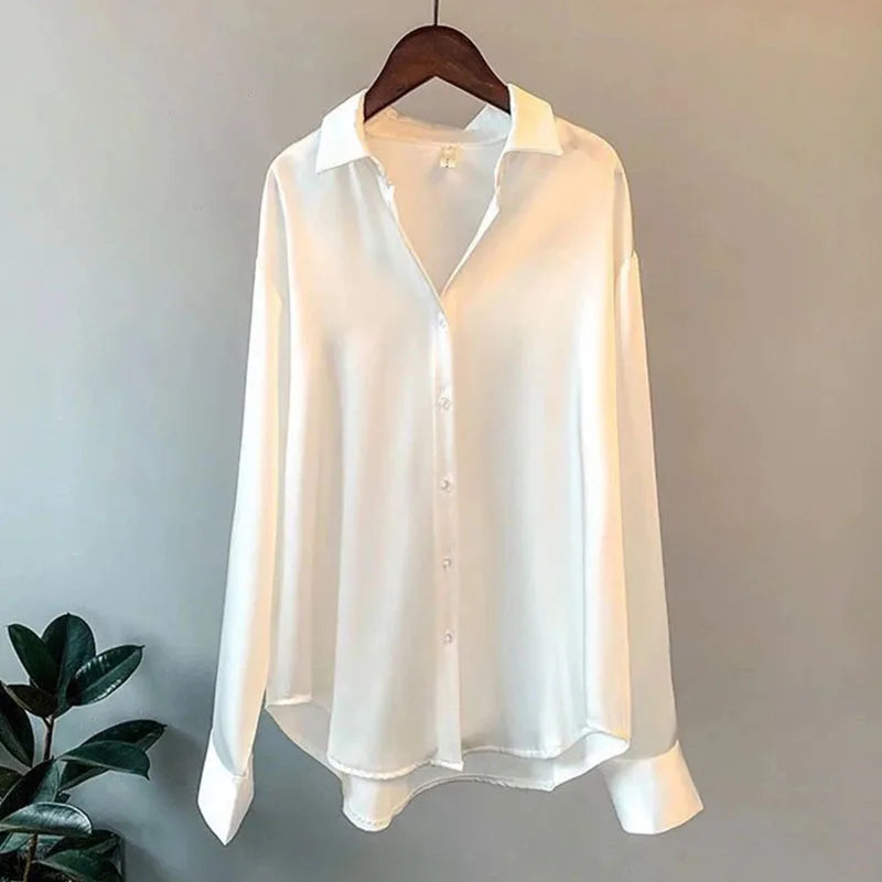 Women Autumn Shirt Vintage Satin Blouse Long Sleeve Button Down Silky Shirt Work Office Top Ladies Casual Shirt