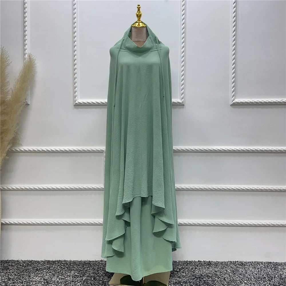2PCS Muslim Women Modest Prayer Dress Eid Khimar Djellaba Abaya Overhead Burqa Robe Dubai Turkish Robe Kaftan Islamic Clothing