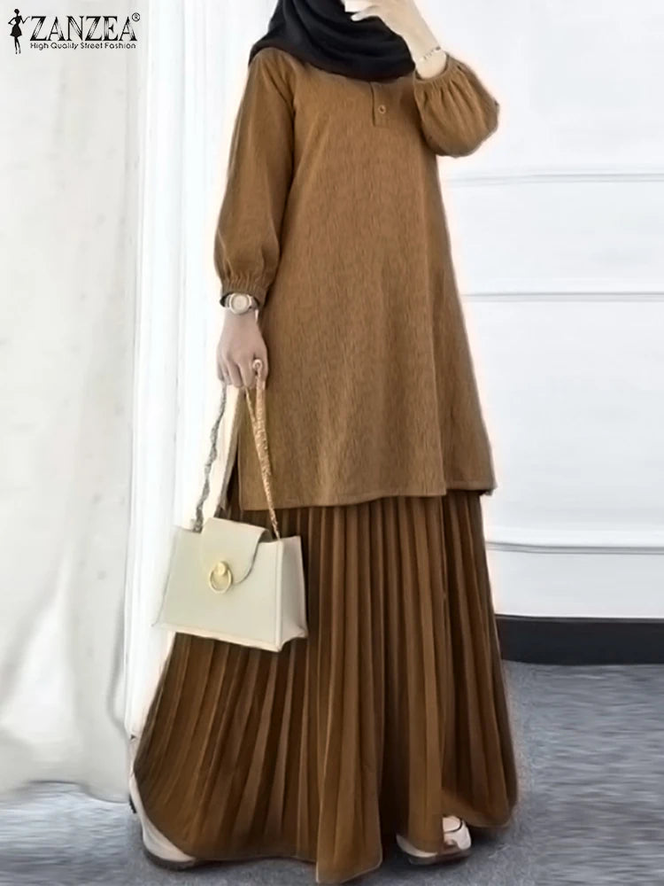 ZANZEA Muslim Autumn Two Piece Sets Women Outfits Abaya Suit Dubai Hijab Tracksuit 2025 Casual Long Sleeve Long Tops Dress Sets