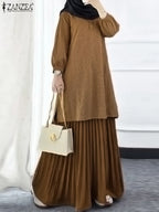 ZANZEA Muslim Autumn Two Piece Sets Women Outfits Abaya Suit Dubai Hijab Tracksuit 2025 Casual Long Sleeve Long Tops Dress Sets