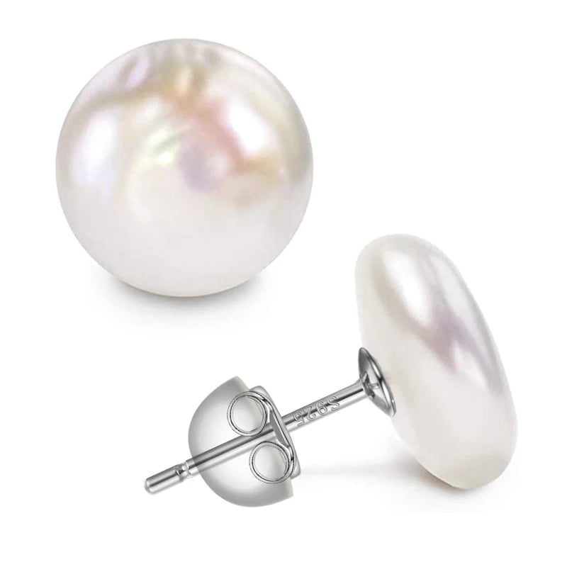 Women Big Baroque Button Pearl Earrings Freshwater Cultured Biwa Coin Pearls 925 Sterling Silver Mounts Stud Earrings Jewelry