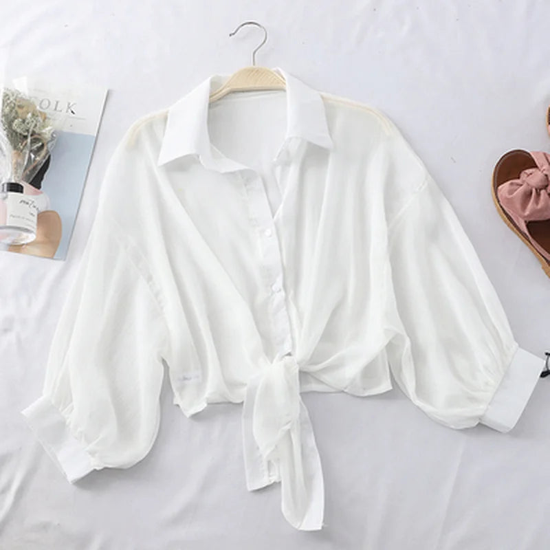 2025 Summer Half Sleeve Buttoned Up Shirt Loose Casual Blouse Chiffon Shirts Women Tied Waist Elegant Blouses for Women 9776
