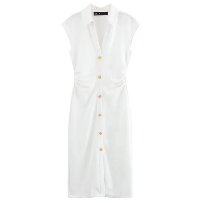 HXAO Ruched Shirt Midi Dresses 2025 Woman Summer Sleeveless Black White Dress Women Bodycon Elegant Casual Women's Dress 088