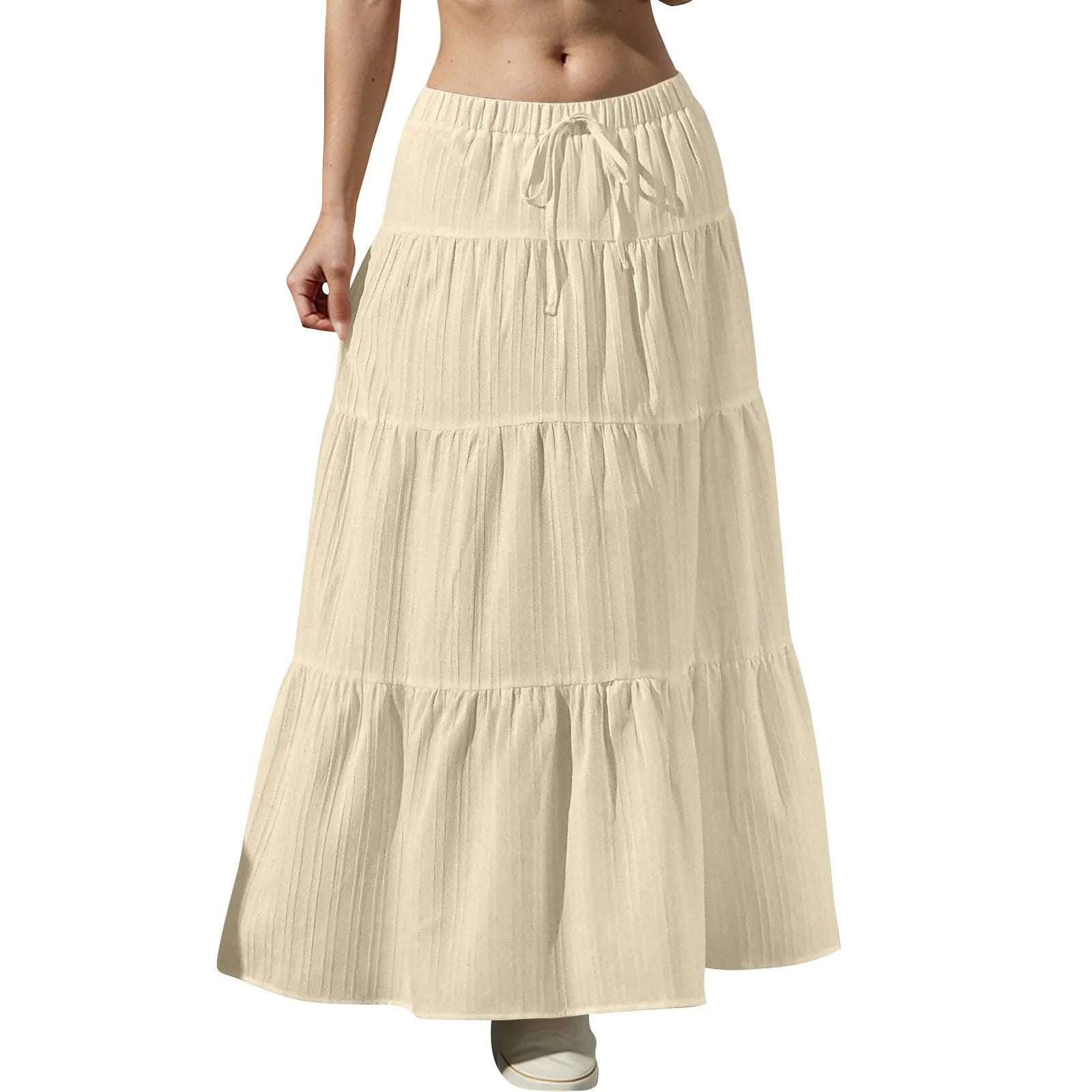 Fashion Women's Flared Ruffle Hem Women Solid Long Skirts Elastic Waist Elegant Long Skirt Spring Autumn Cake Dress Maxi Skirt