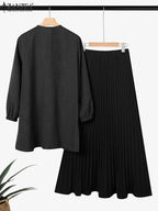 ZANZEA Muslim Autumn Two Piece Sets Women Outfits Abaya Suit Dubai Hijab Tracksuit 2025 Casual Long Sleeve Long Tops Dress Sets