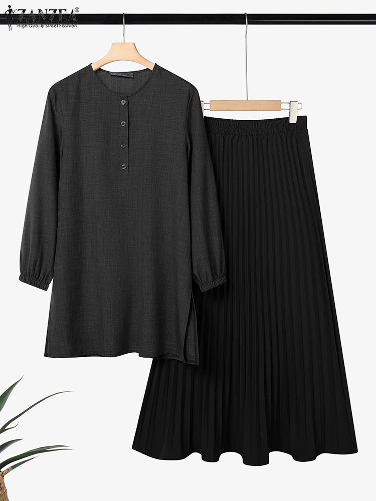 ZANZEA Muslim Autumn Two Piece Sets Women Outfits Abaya Suit Dubai Hijab Tracksuit 2025 Casual Long Sleeve Long Tops Dress Sets