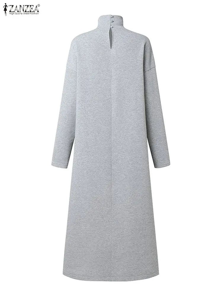ZANZEA Fashion Sweatshirt Dress Women Casual Turtleneck Long Sleeve Solid A-Line Midi Dresses for Woman FW 2025 Cozy Warm Robes