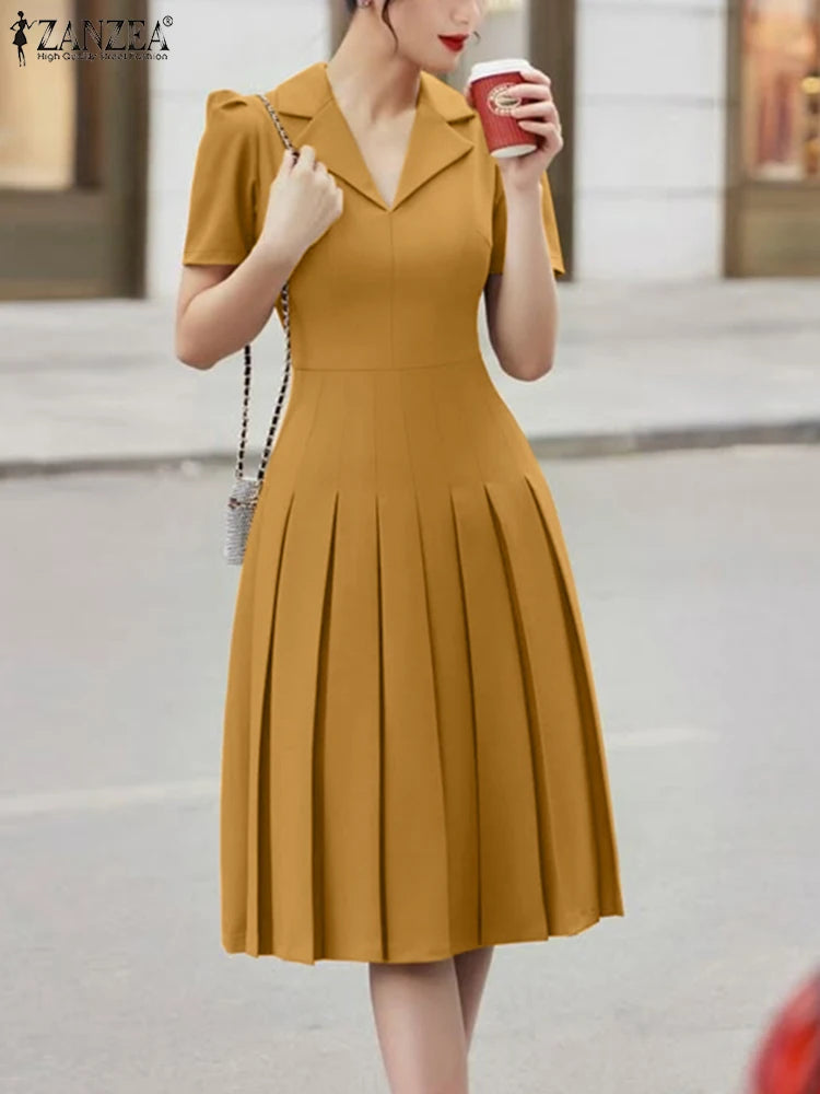 ZANZEA Elegant OL A-line Midi Dresses Women's Fashion High Waist Lapel Neck Pleated Robes Femme Short Puff Sleeve Solid Vestidos