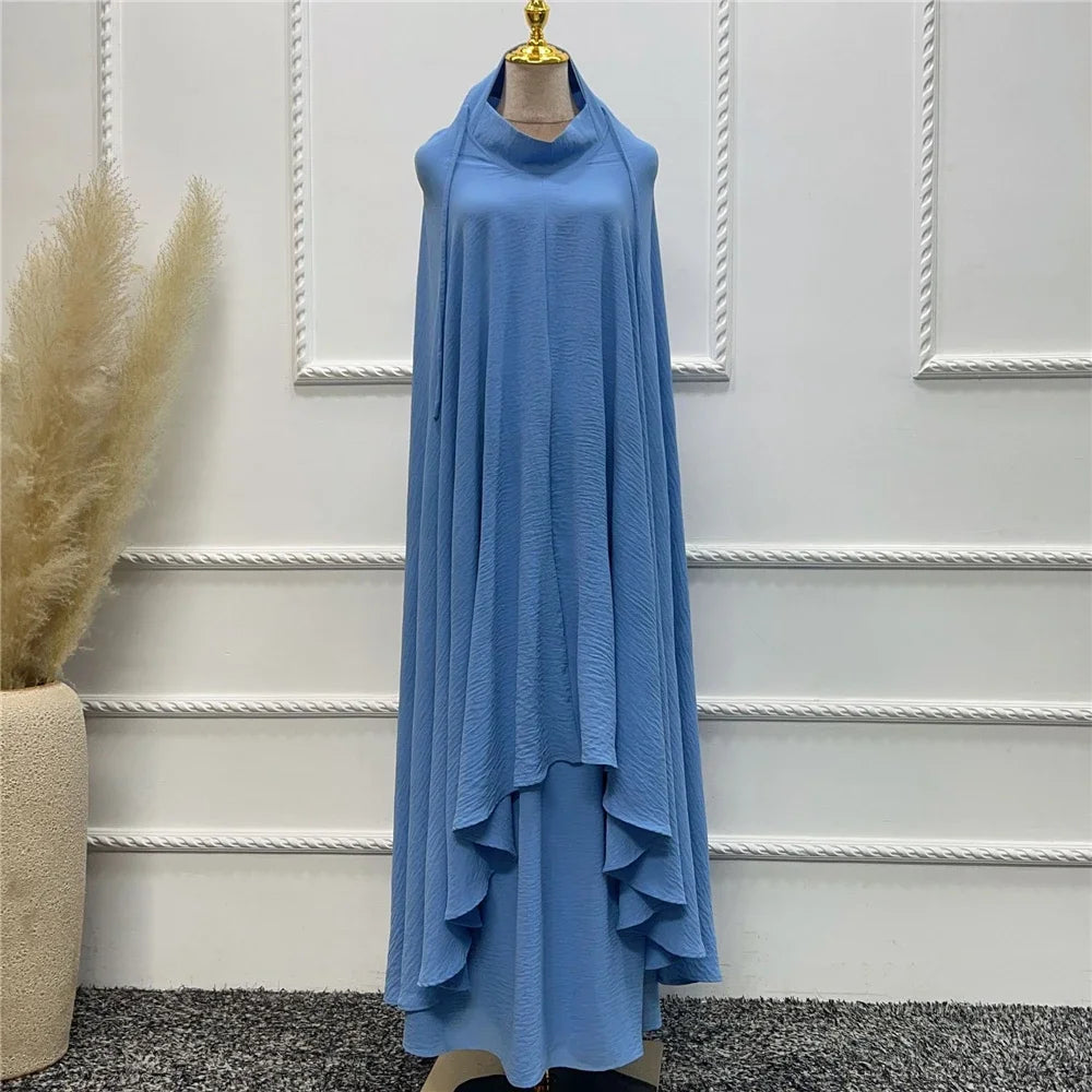 2PCS Muslim Women Modest Prayer Dress Eid Khimar Djellaba Abaya Overhead Burqa Robe Dubai Turkish Robe Kaftan Islamic Clothing