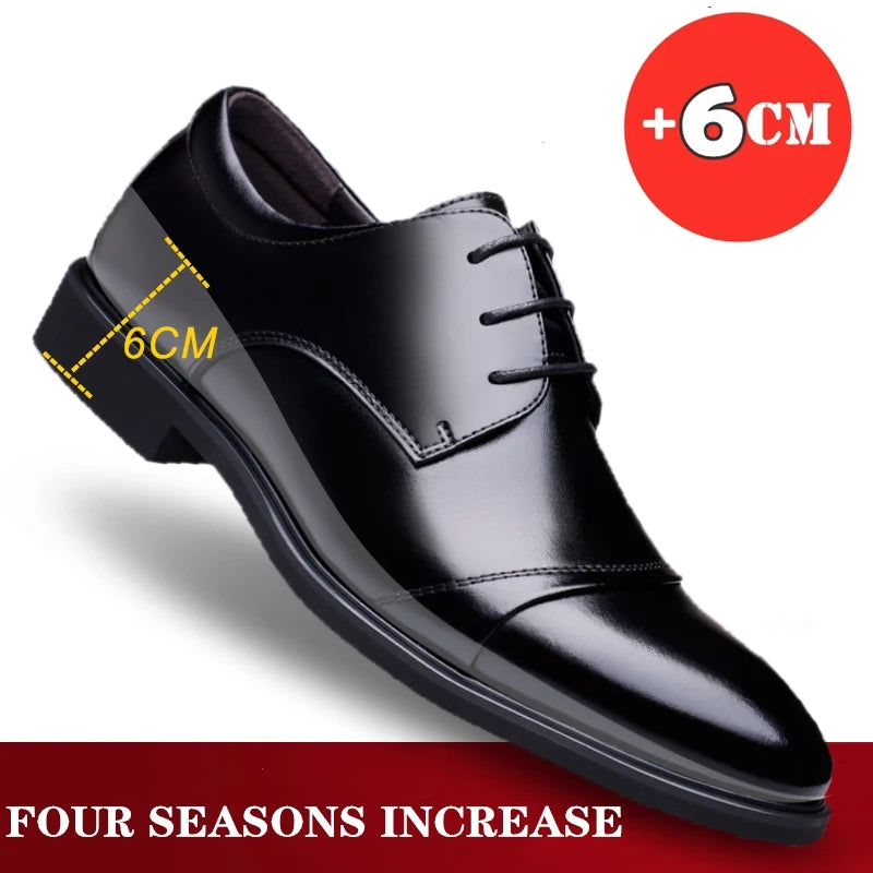 Flat / 6CM Genuine Leather Men Formal Elevator Shoes Wedding Business Height Increase Lift Shoes Invisible Summer Hollow Wedding