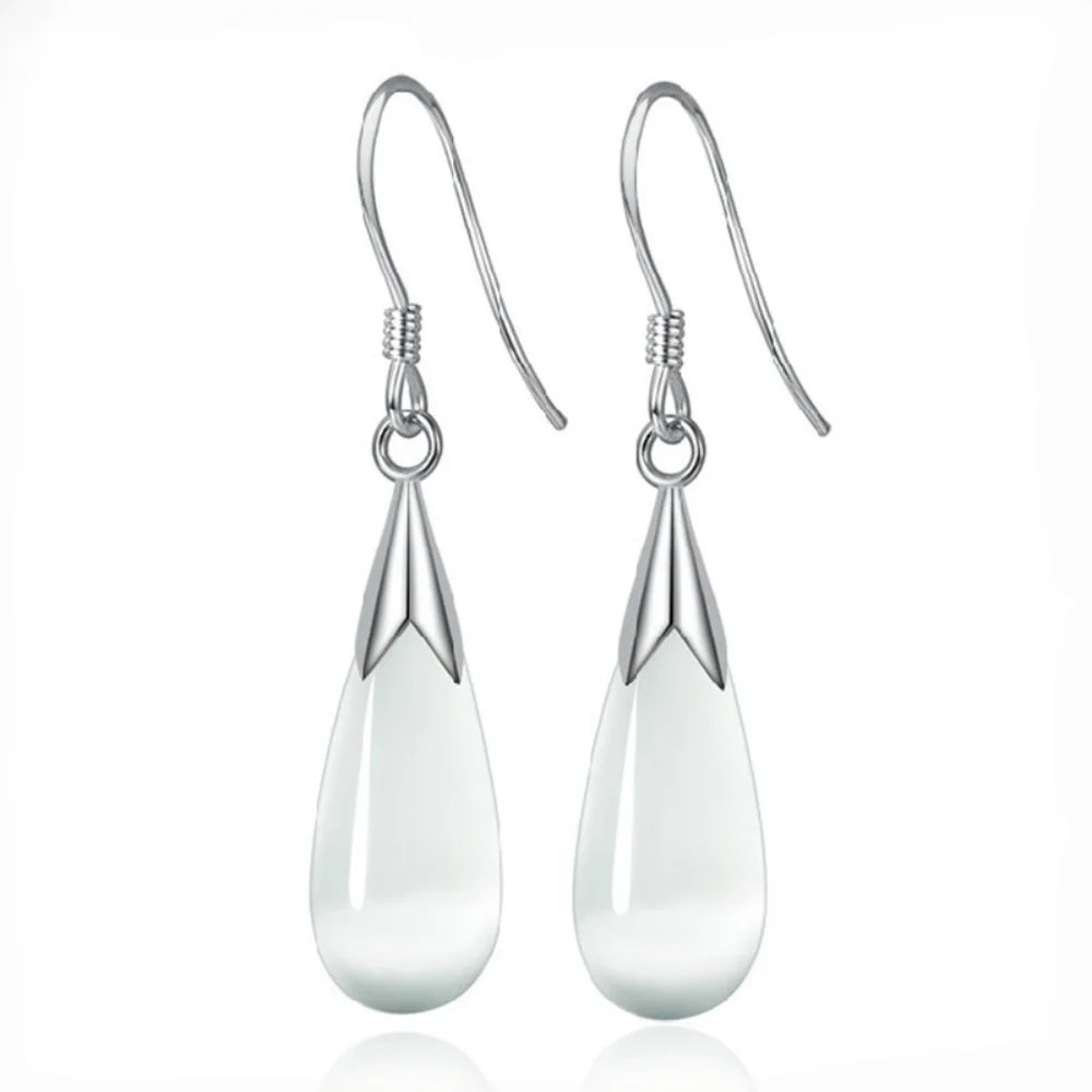 Silver Earrings Cat's Eye Stone Water Drop Pendant Women's Earrings Birthday Party Wedding Jewelry Gift