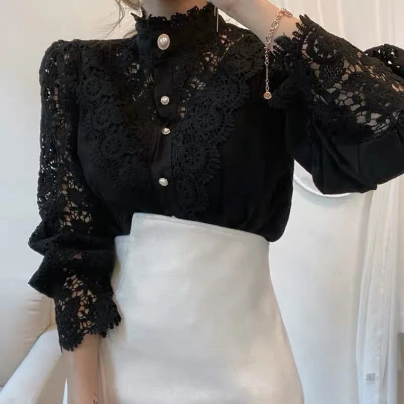 Vintage Solid White Lace Blouse Shirts Women New Korean Button Loose Shirt Tops Female Hollow Casual Ladies Blouses Blusas