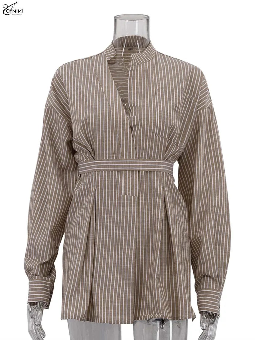 Oymimi Fashion Brown Striped Print Women Top Elegant Long Sleeve Pockets Lace-Up Blouses Spring Casual New Lapel Button Shirts