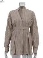 Oymimi Fashion Brown Striped Print Women Top Elegant Long Sleeve Pockets Lace-Up Blouses Spring Casual New Lapel Button Shirts