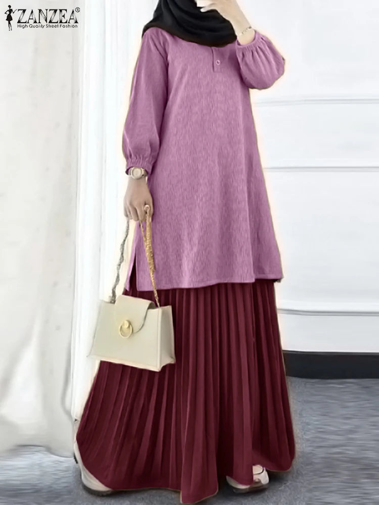 ZANZEA Muslim Autumn Two Piece Sets Women Outfits Abaya Suit Dubai Hijab Tracksuit 2025 Casual Long Sleeve Long Tops Dress Sets