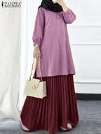 ZANZEA Muslim Autumn Two Piece Sets Women Outfits Abaya Suit Dubai Hijab Tracksuit 2025 Casual Long Sleeve Long Tops Dress Sets