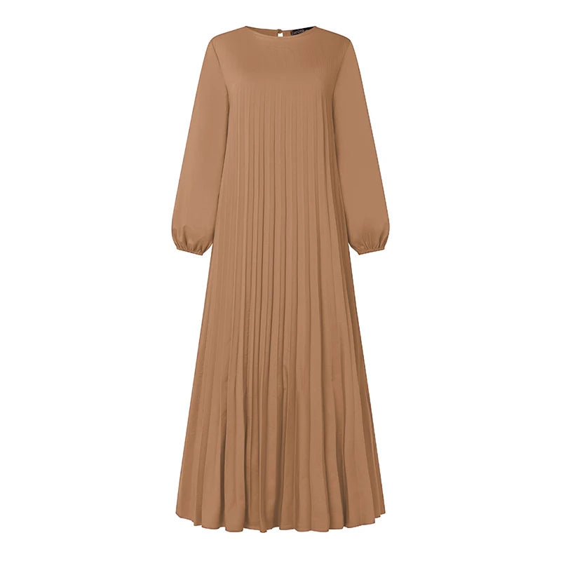 2025 ZANZEA Autumn Elegant Dresses Women O Neck Long Sleeve Sundress Muslim Dubai Abaya Robe Femme Solid Pleated Maxi Vestidos