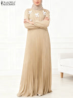 Stylish Women Patchwork Dresses 2026 ZANZEA Fashion Party Dress Spring Long Sleeve Bows Pleated Sundress Muslim Abaya Robe Femme