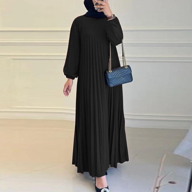 2025 ZANZEA Autumn Elegant Dresses Women O Neck Long Sleeve Sundress Muslim Dubai Abaya Robe Femme Solid Pleated Maxi Vestidos