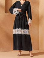 Elegant Floral Embroidered Abaya with Belt and V-Neck Design Long Sleeves Islamic Prayer Dress for Women Stylish Arabic Robe