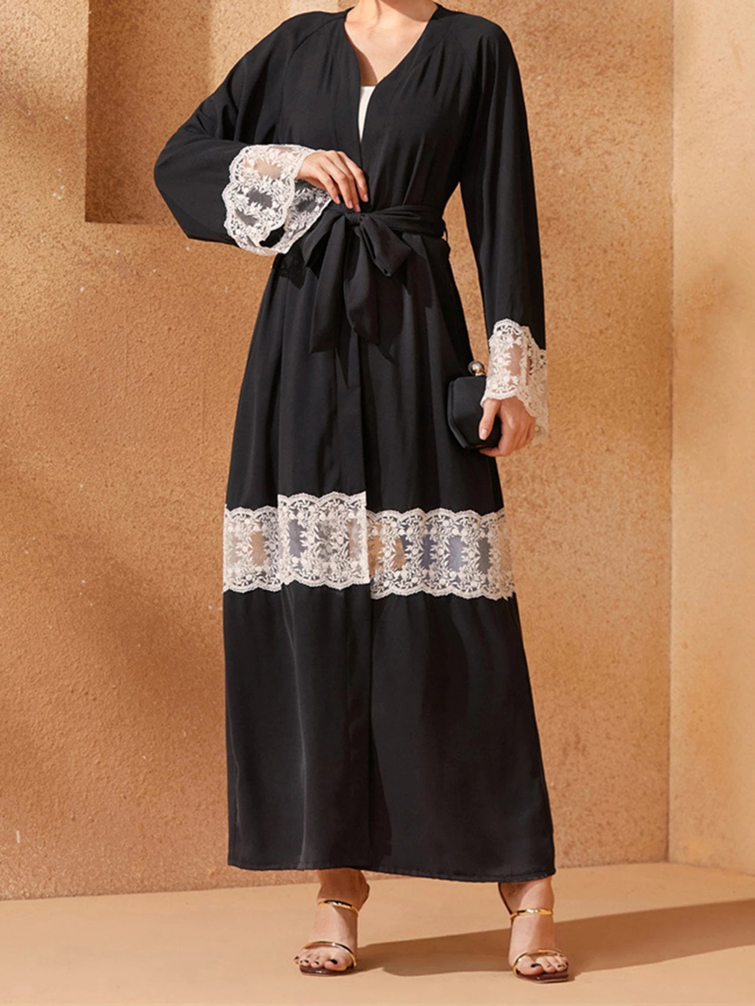Elegant Floral Embroidered Abaya with Belt and V-Neck Design Long Sleeves Islamic Prayer Dress for Women Stylish Arabic Robe