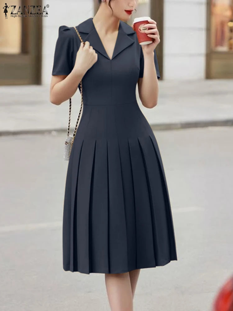 ZANZEA Elegant OL A-line Midi Dresses Women's Fashion High Waist Lapel Neck Pleated Robes Femme Short Puff Sleeve Solid Vestidos