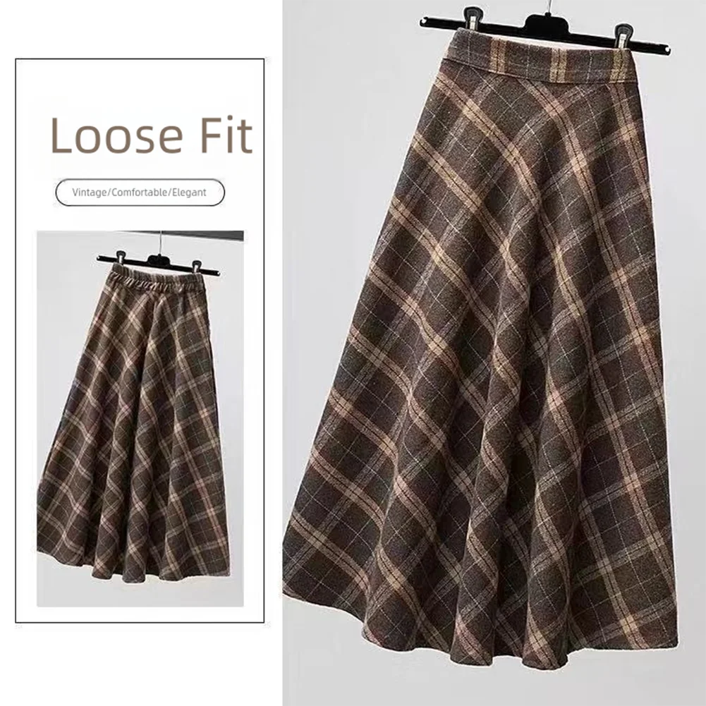 Women's Plaid Skirt Vintage A-line Large Swing Skirt High-Waisted Long Skirt