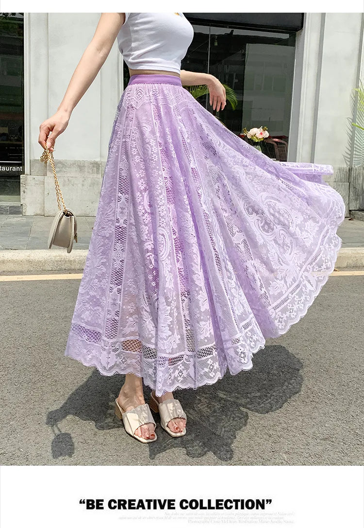 Spring Summer Women Lace Skirts Solid High Waist Elastic Vintage Elegant Office Ladies White Black Chic Long Skirts Jupe Longue