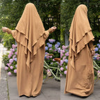 2PCS Muslim Women 2 Layer Hijab Dress Set Islamic Clothing Dubai Turkey Abaya Kaftan Eid Ramadan Djellaba Burqa Khimar Jalabiya