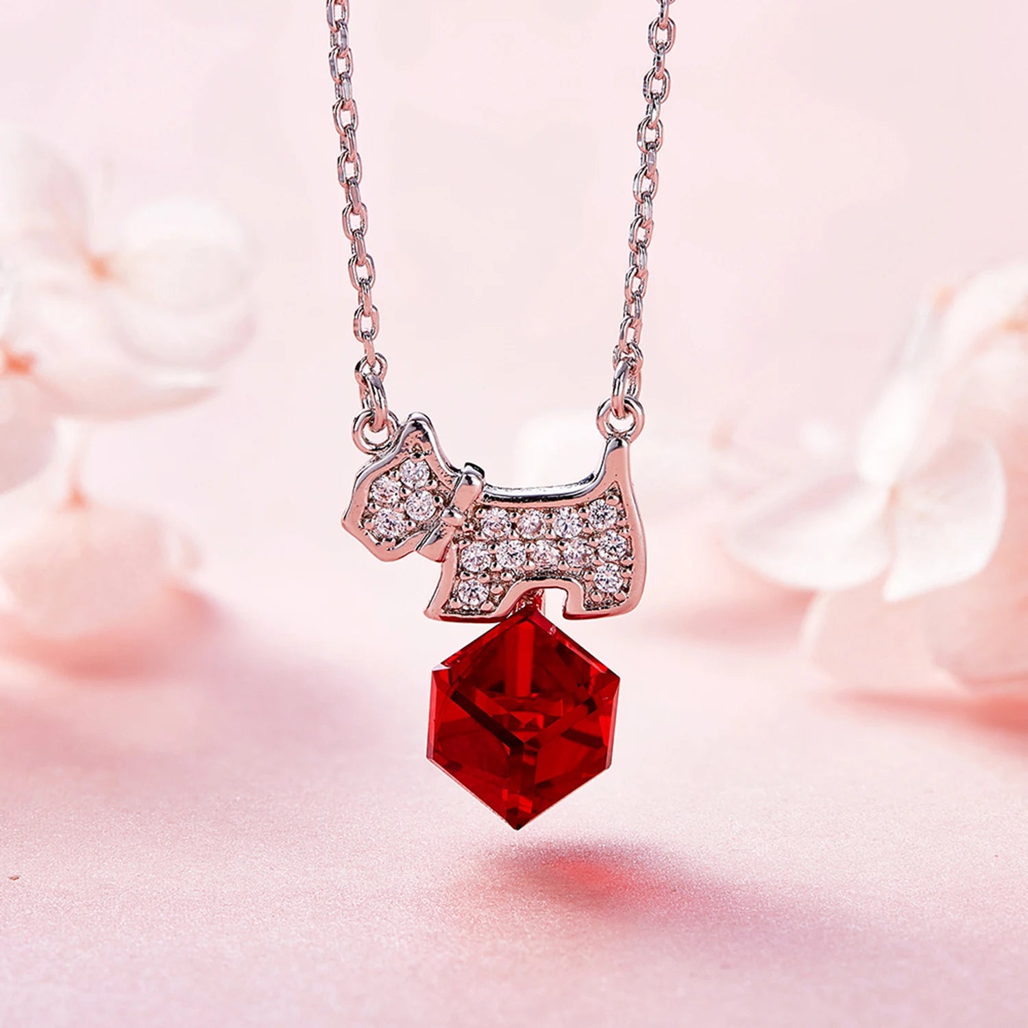 Cute Dog Woman Jewellery Set with Red Austrian Crystals Puppy Pendant Necklace Stud Earrings for Women Animal Accessories Gifts