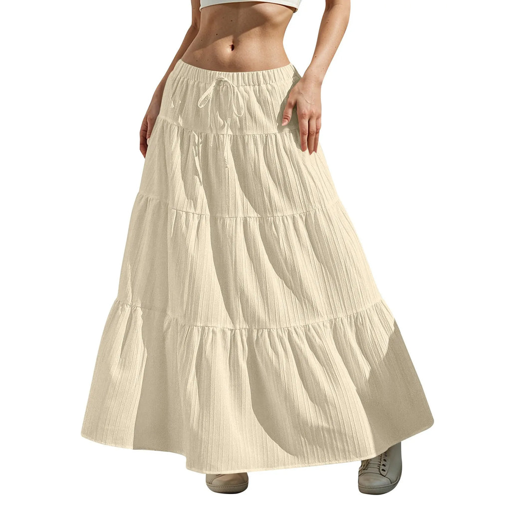 Fashion Women's Flared Ruffle Hem Women Solid Long Skirts Elastic Waist Elegant Long Skirt Spring Autumn Cake Dress Maxi Skirt