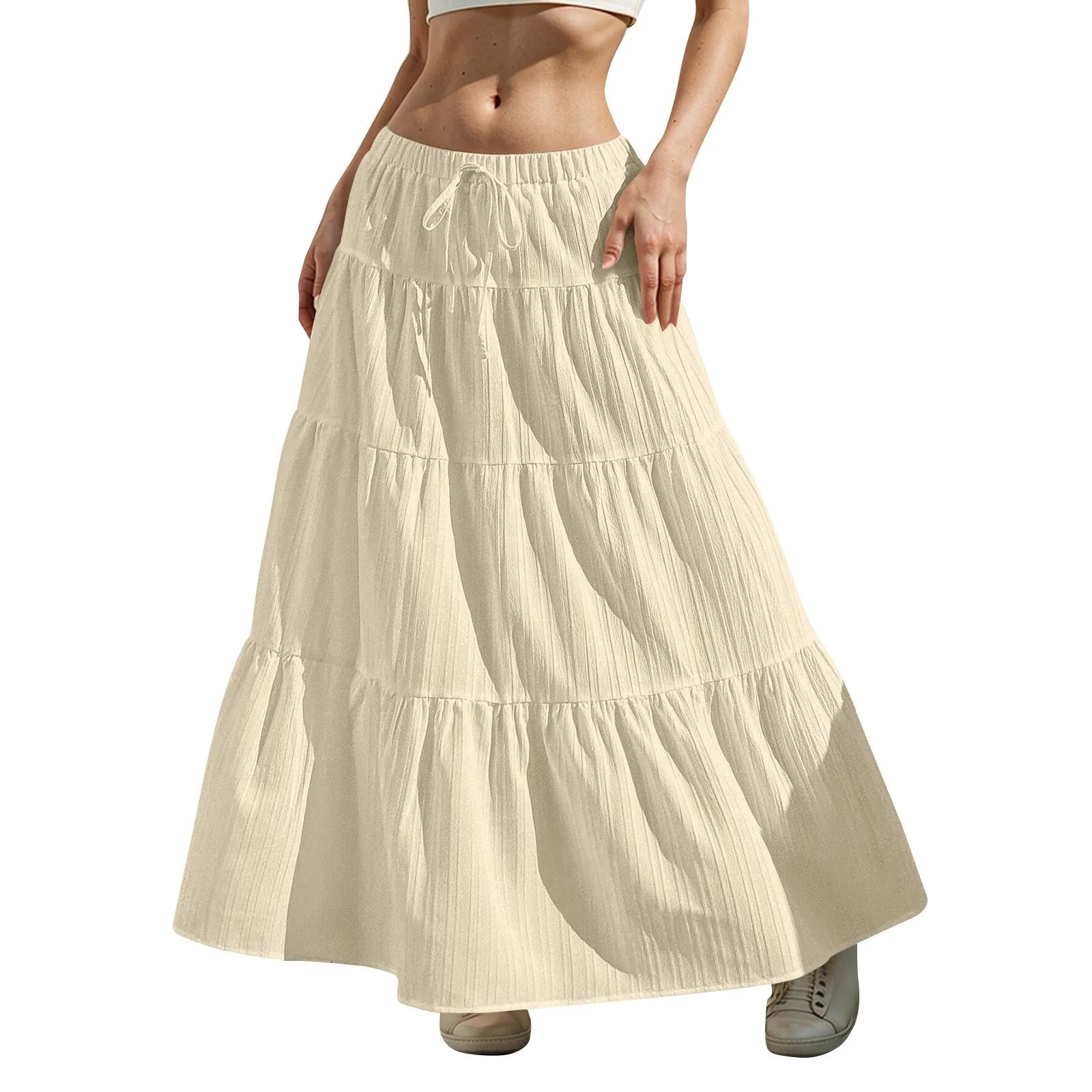 Fashion Women's Flared Ruffle Hem Women Solid Long Skirts Elastic Waist Elegant Long Skirt Spring Autumn Cake Dress Maxi Skirt