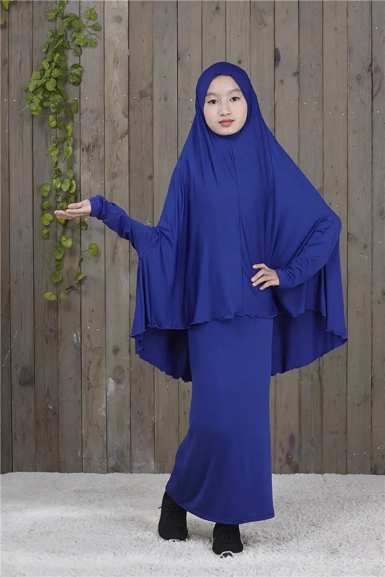 Muslim Prayer Garment for Kids, Child Dress, Overhead Caftan, Khimar Skirts, Islamic Full Cover Hijab, Abaya Arab Robe, 2 Piece