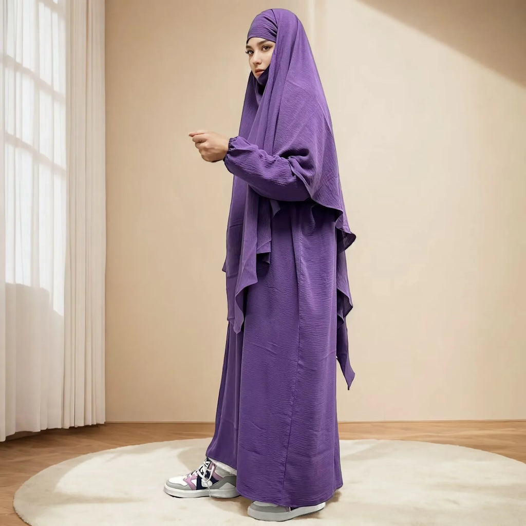 Ramadan Eid 2 Piece Set Crepe Muslim Women Prayer Garment Abaya Set Match Khimar Long Hijab Dress Islamic Clothing Niqab Kaftan