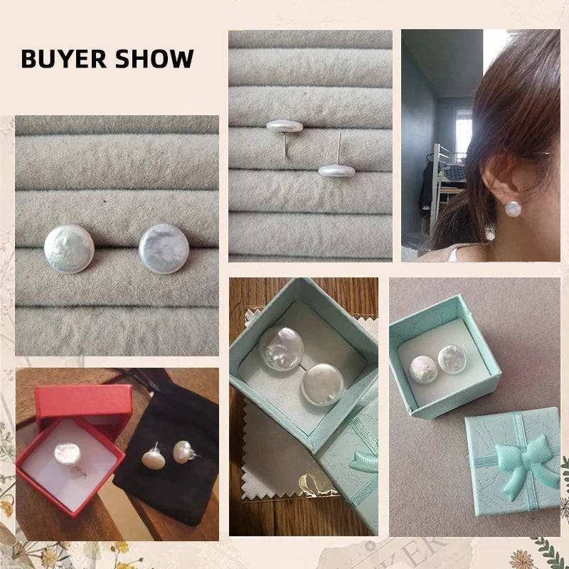 Women Big Baroque Button Pearl Earrings Freshwater Cultured Biwa Coin Pearls 925 Sterling Silver Mounts Stud Earrings Jewelry