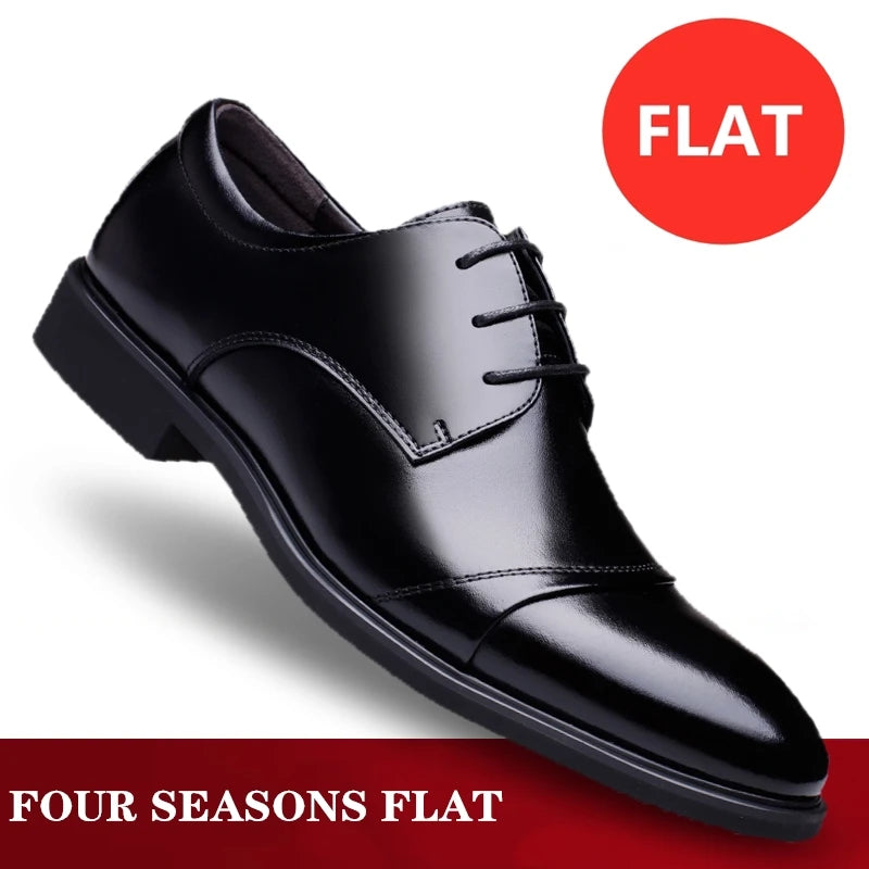 Flat / 6CM Genuine Leather Men Formal Elevator Shoes Wedding Business Height Increase Lift Shoes Invisible Summer Hollow Wedding