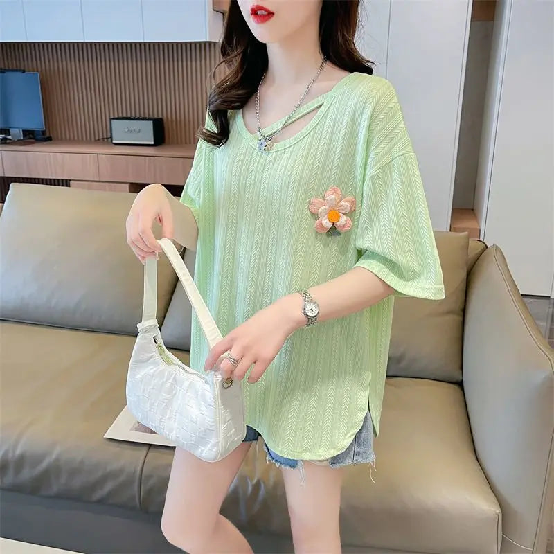 Design-slit U-neck Short-sleeved T-shirt for Women - Jabo's Shop